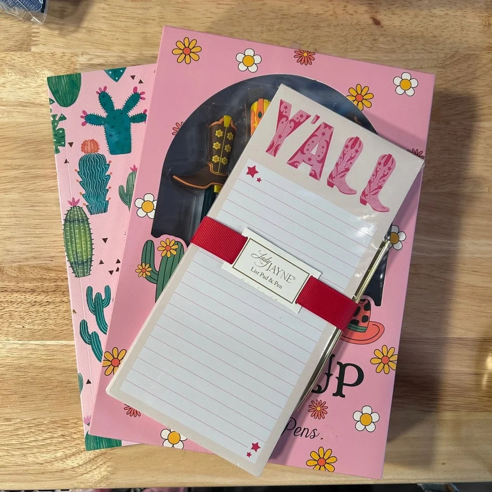 Lady Jayne List Pad and Pen Set Giddy Up Cowboy Boot Pens Cactus Notebook New